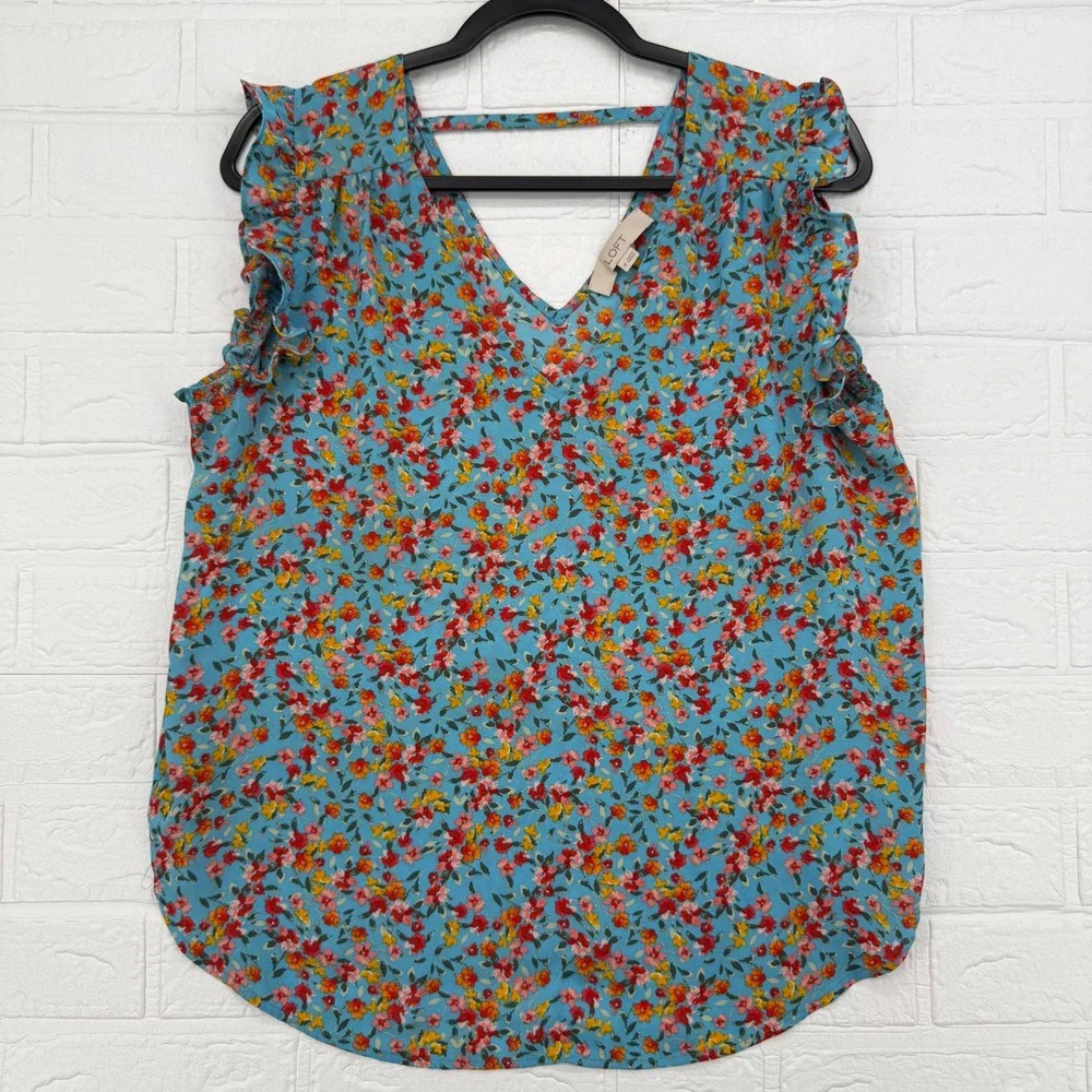 LOFT Sleeveless Blouse Womens Medium Blue Floral Ruffle V-Neck Strappy Back Top
